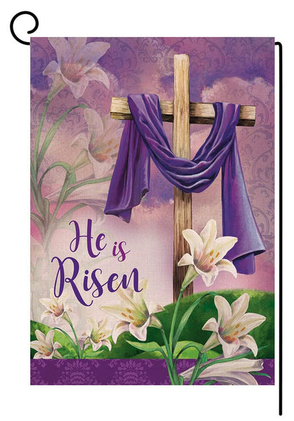 Sambosk He is Risen Easter flag front view, ideal for outdoor spring display.