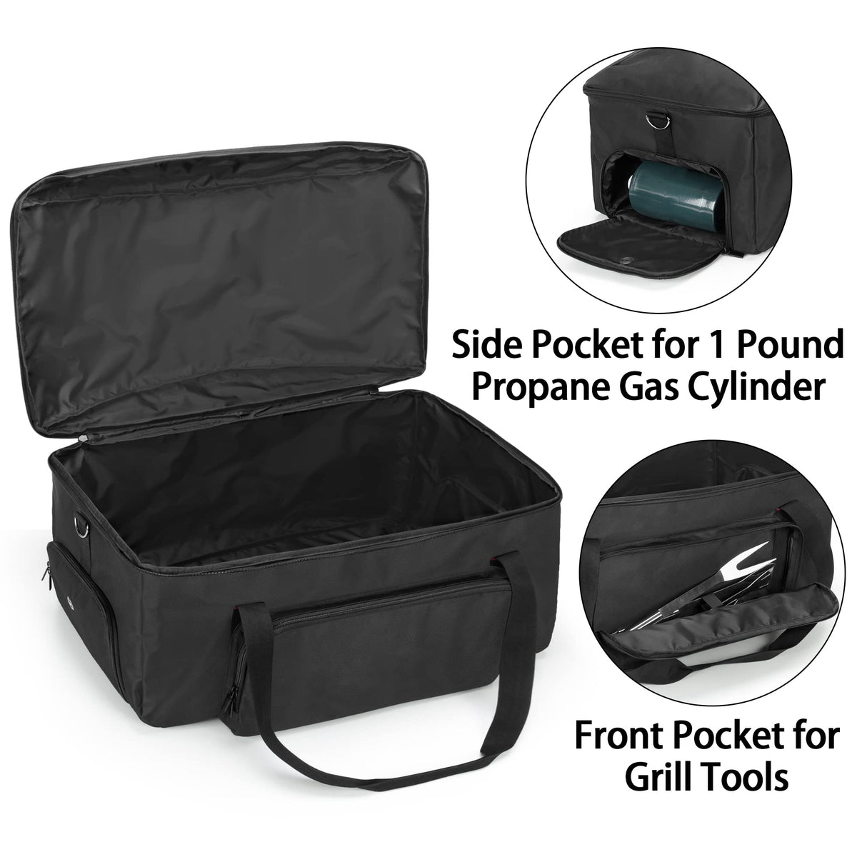 Samdew barbecue bag front pocket holds tongs and brushes for quick access