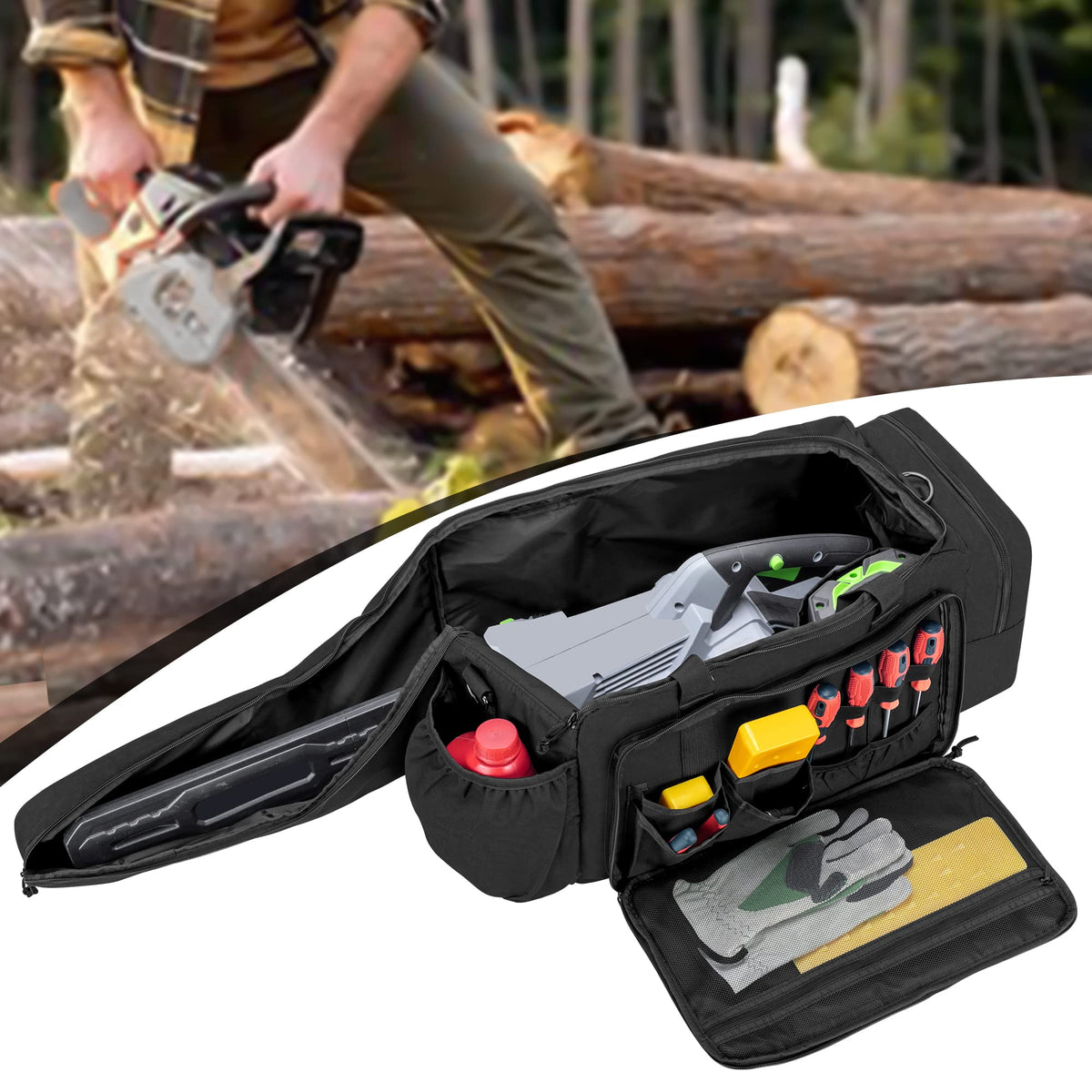 Samdew chainsaw carrying case in use in garden offers quick gear access
