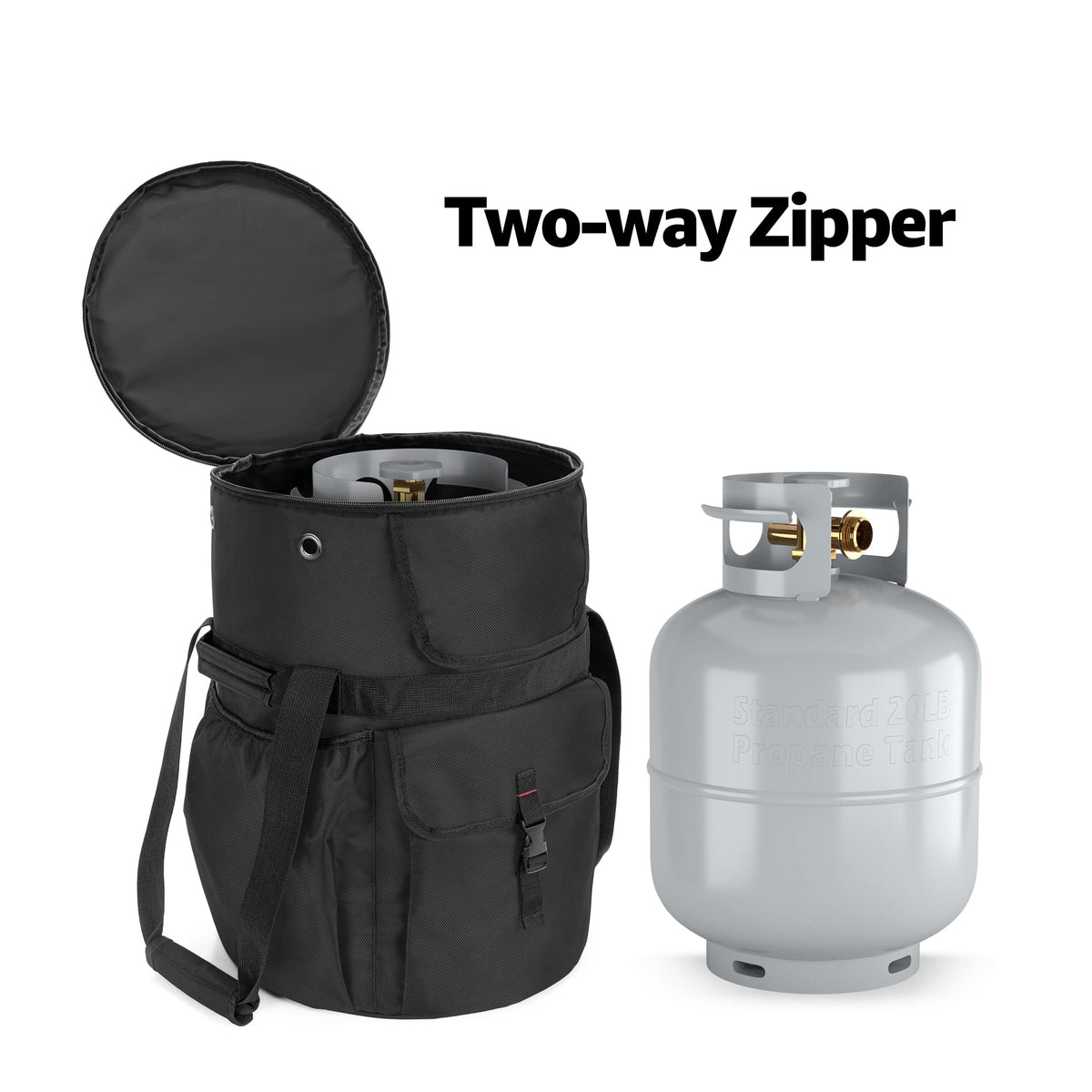 samdew propane tank bag side pocket for cables, lighter, and hoses on the go