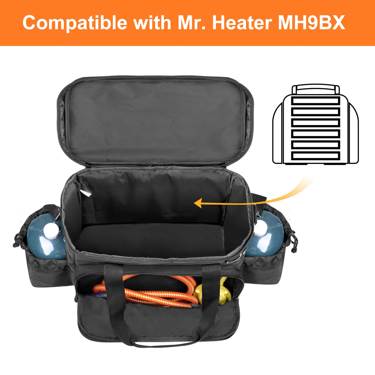 Samdow bag front pocket holds heater accessories for quick setup.