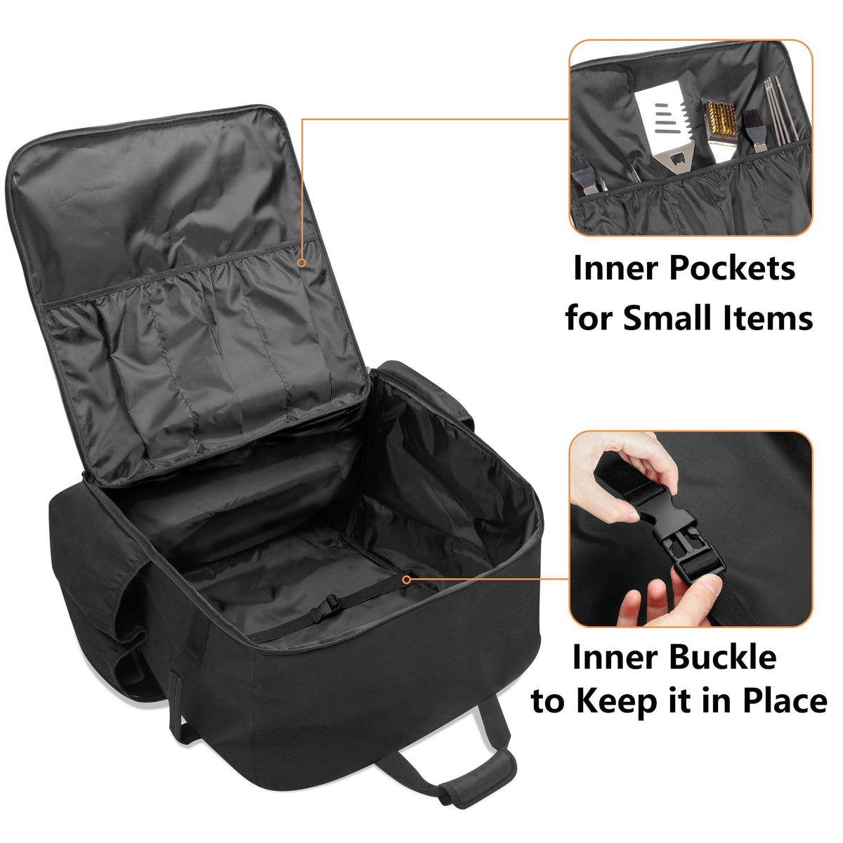 Samdow griddle bag inner elastic pockets secure utensils during transport.