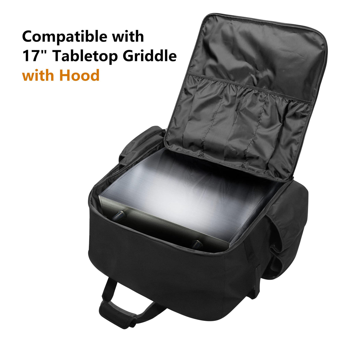 Samdow griddle bag side pockets hold propane cylinders for easy fueling.
