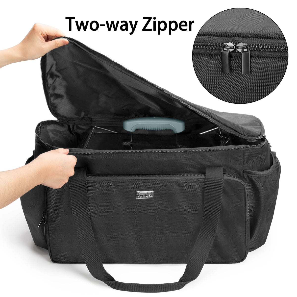 samdow grill bag side pockets hold propane cylinders for quick setup.