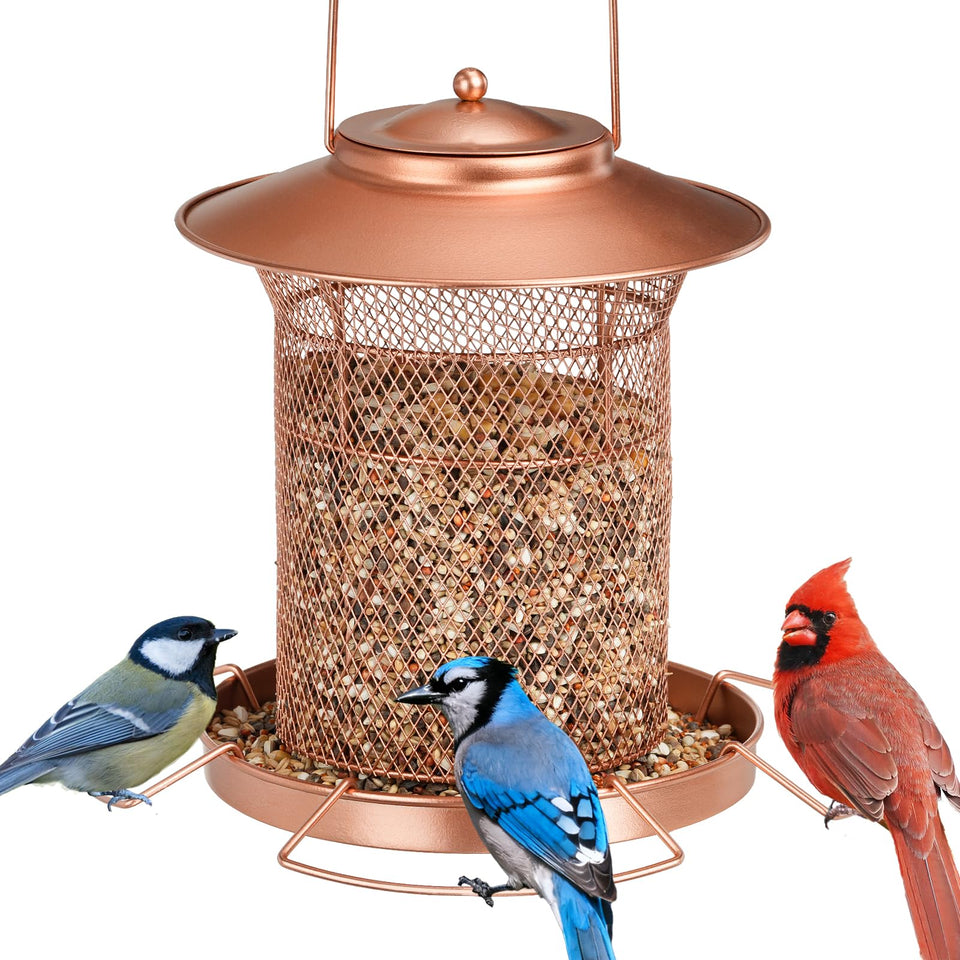 Samhe metal bird feeder for outdoor hanging, durable design for year-round use.