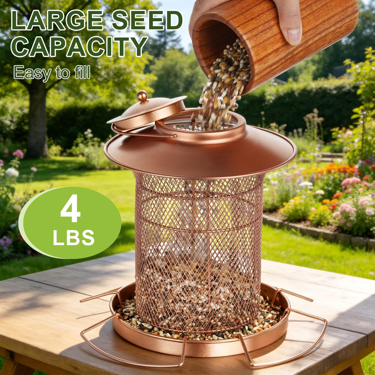 Samhe rosegold finish on a metal feeder adds elegance and rust resistance.
