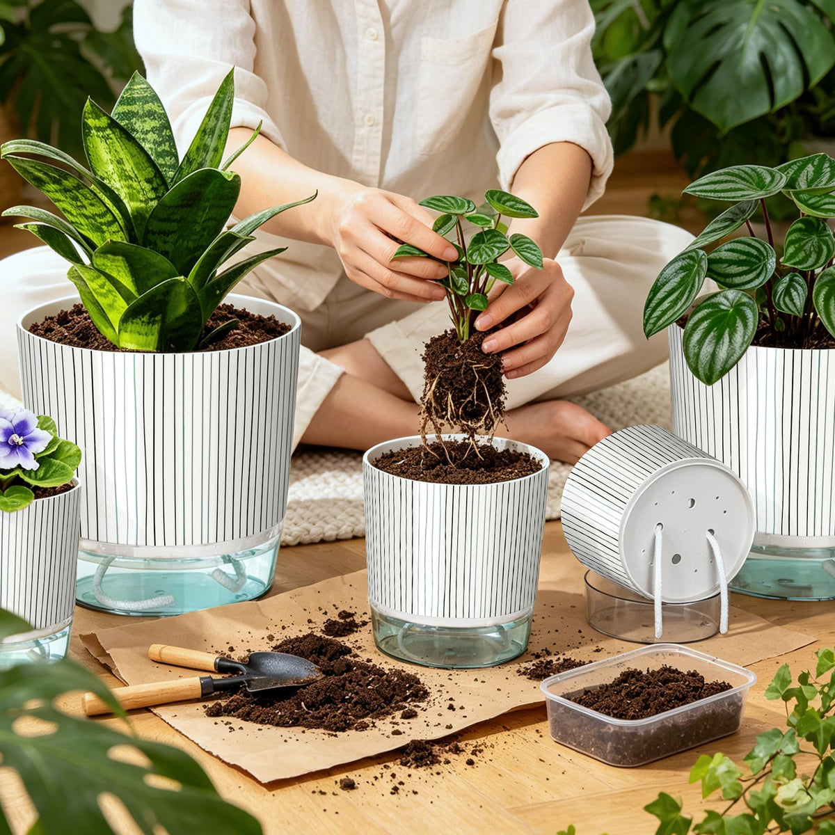 Samhe self-watering pot collection on desk demonstrates tidy indoor gardening.