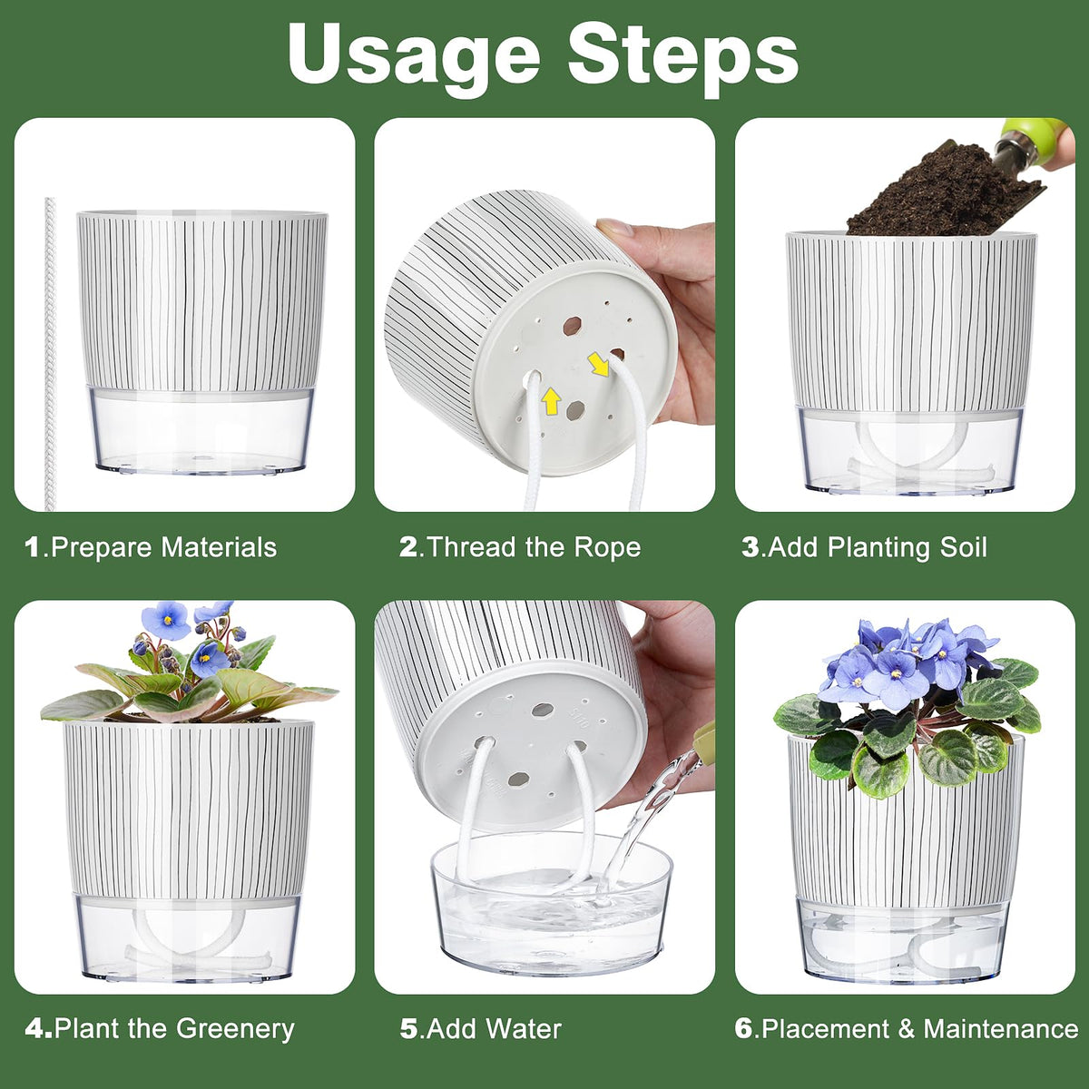 Samhe self-watering pot white striped design complements contemporary home decor.