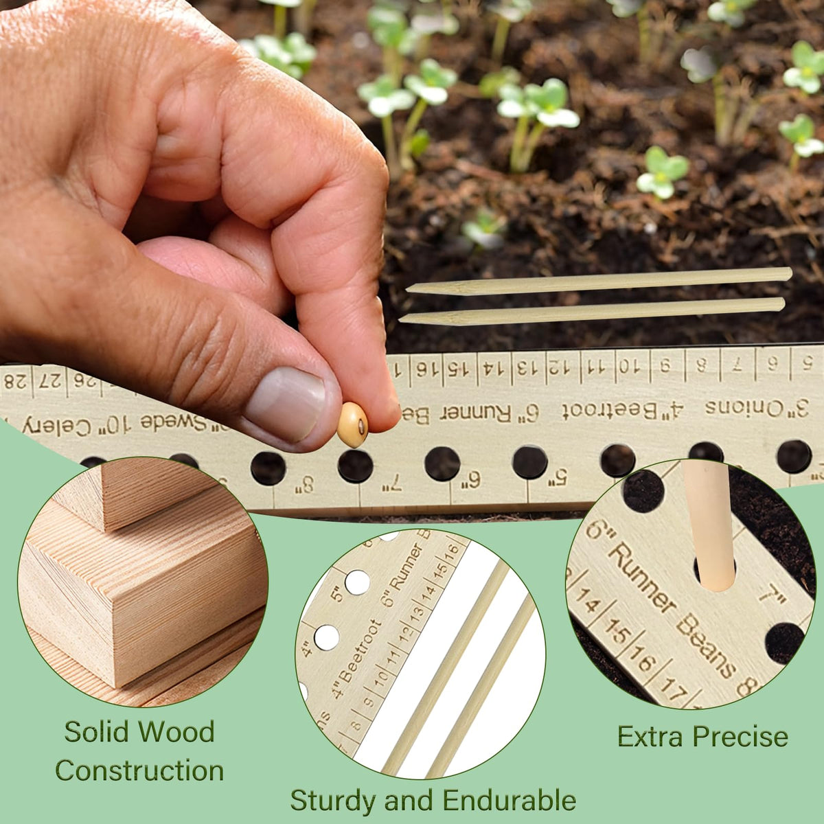 SAMIQU wooden planting ruler with holes supports consistent seed depth.