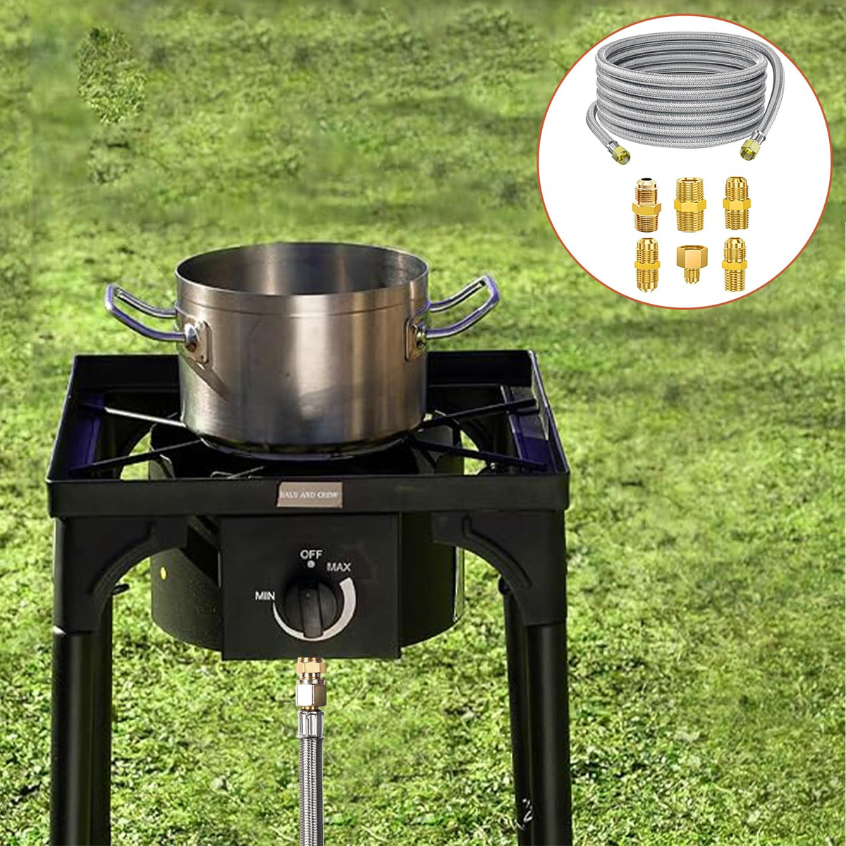 Samplife extended-reach propane hose connects stove or heater from farther