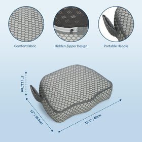 Samplife booster seat demonstrates five-inch lift for higher seating and hair out of water.