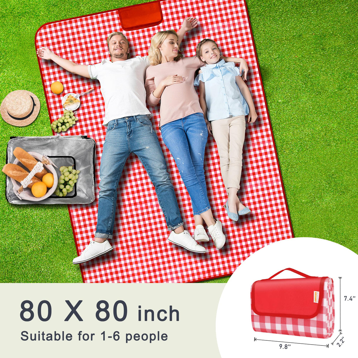 SAMSIER picnic blanket folded compact with a handy carry handle for easy transport.