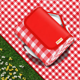 SAMSIER outdoor picnic blanket unfolded to 80x80 inches, ideal for family picnics and spacious seating.