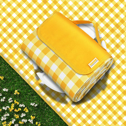SAMSIER yellow outdoor picnic blanket laid flat for a family-friendly outdoor meal.