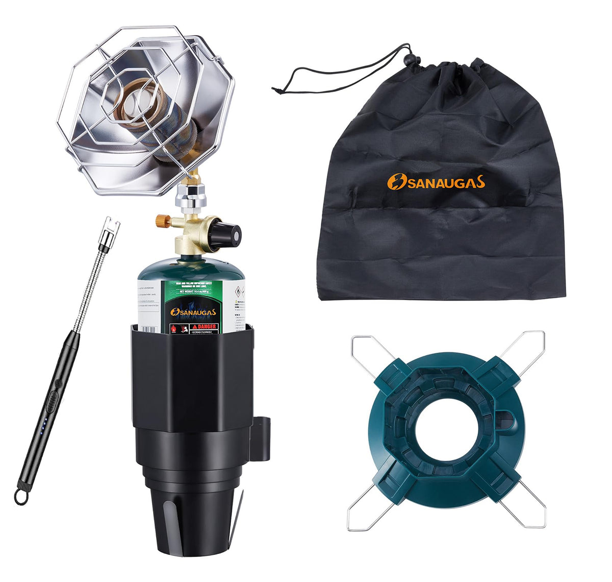 Sanaugas 6800 BTU heater secured in a golf cart cup holder for easy outdoor warmth.