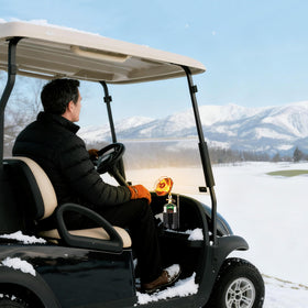 Sanaugas 6800 BTU heater mounted on a golf cart for quick warmth.