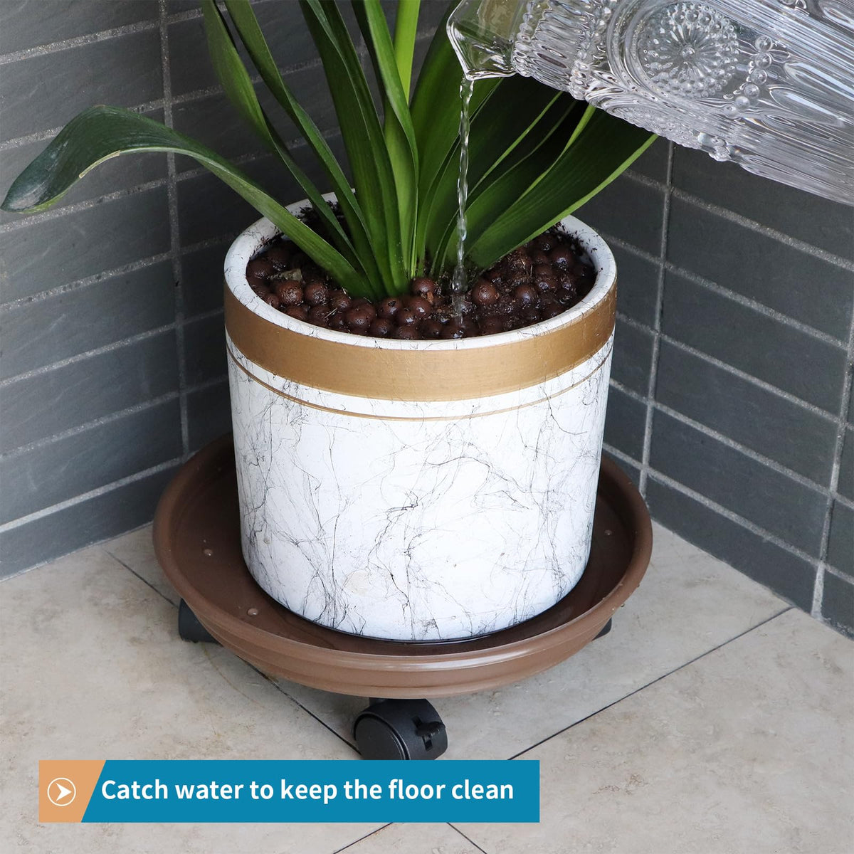 Water catch groove keeps floors clean around the plant caddy.