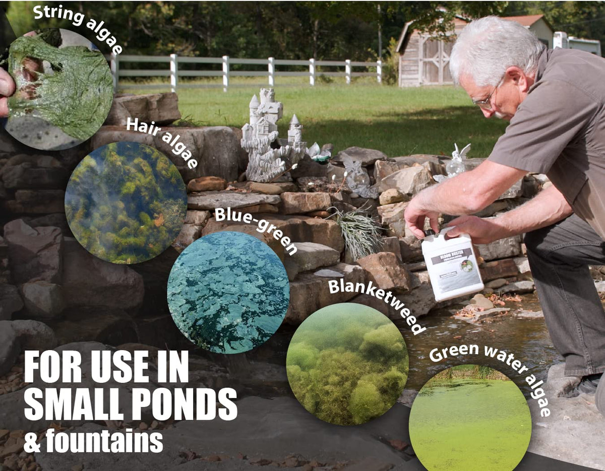 Sanco Bloom Buster bottle positioned beside aerated pond water