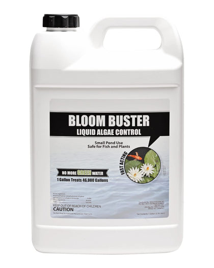 Sanco Bloom Buster bottle being poured into a pond to treat algae