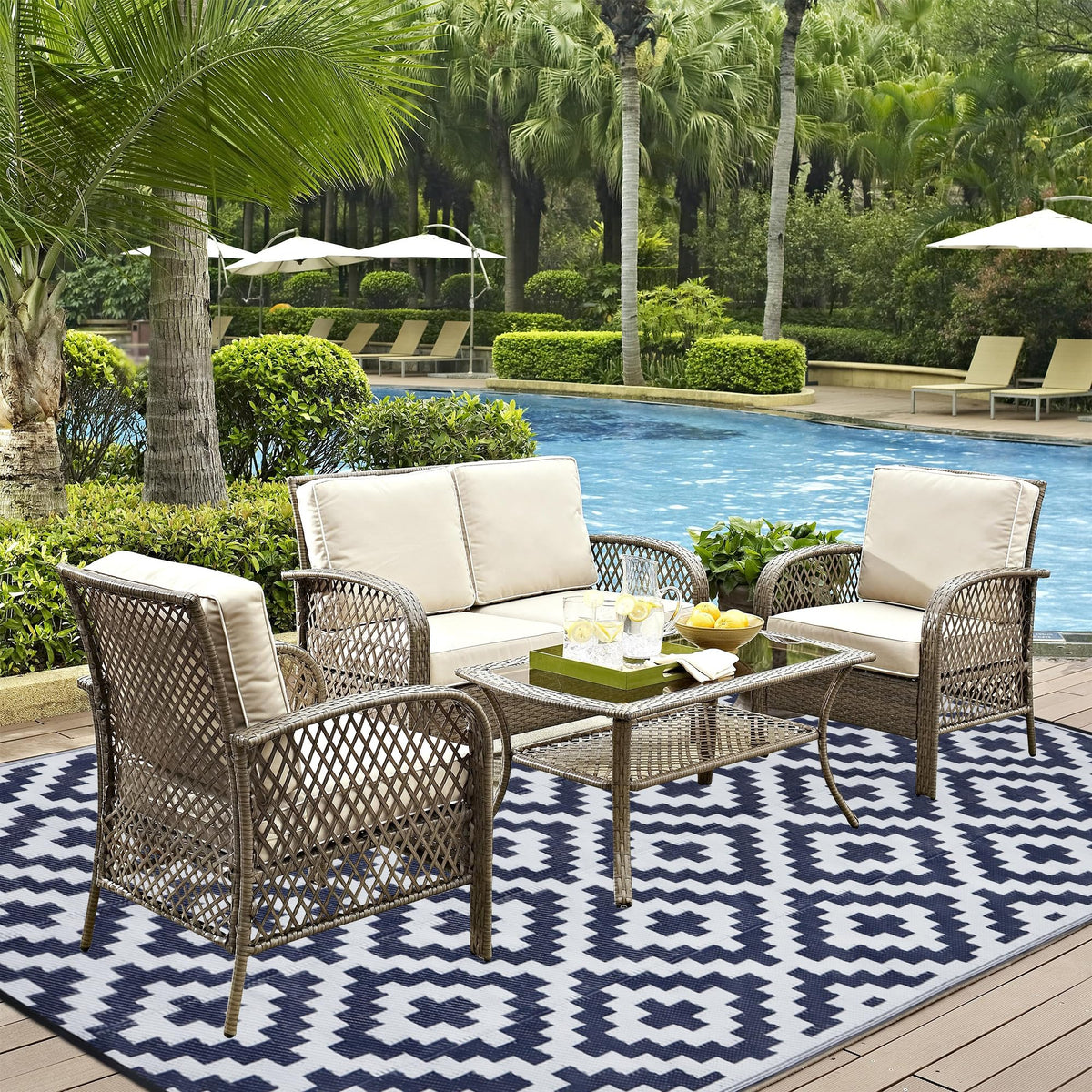 SAND MINE 6x9 rug laid out for outdoor entertaining