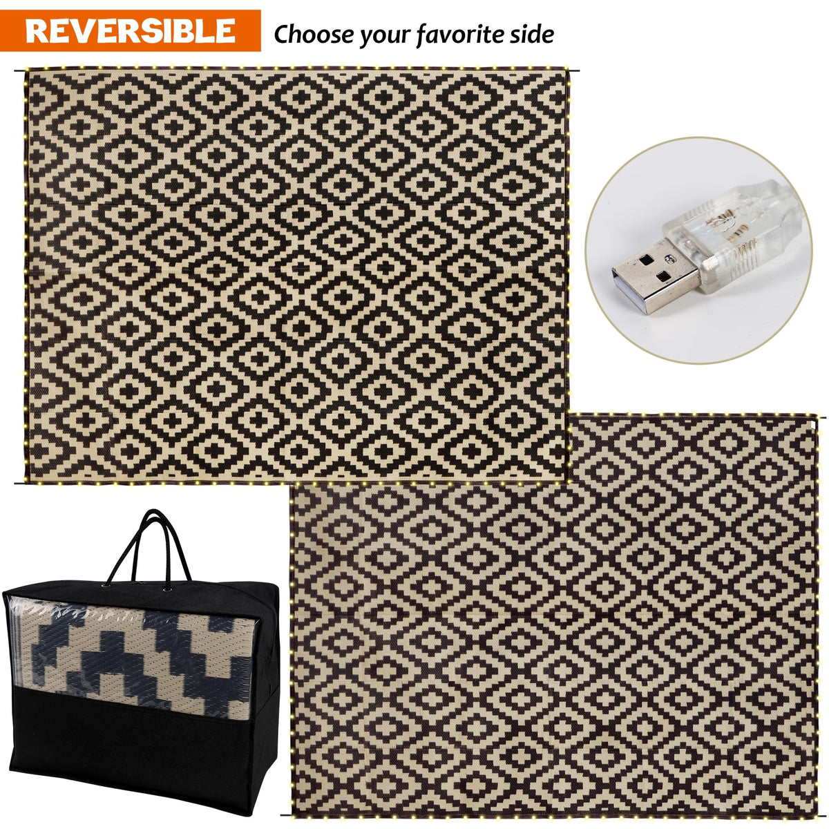 SAND MINE outdoor rug in black and beige complements furniture for durable outdoor styling