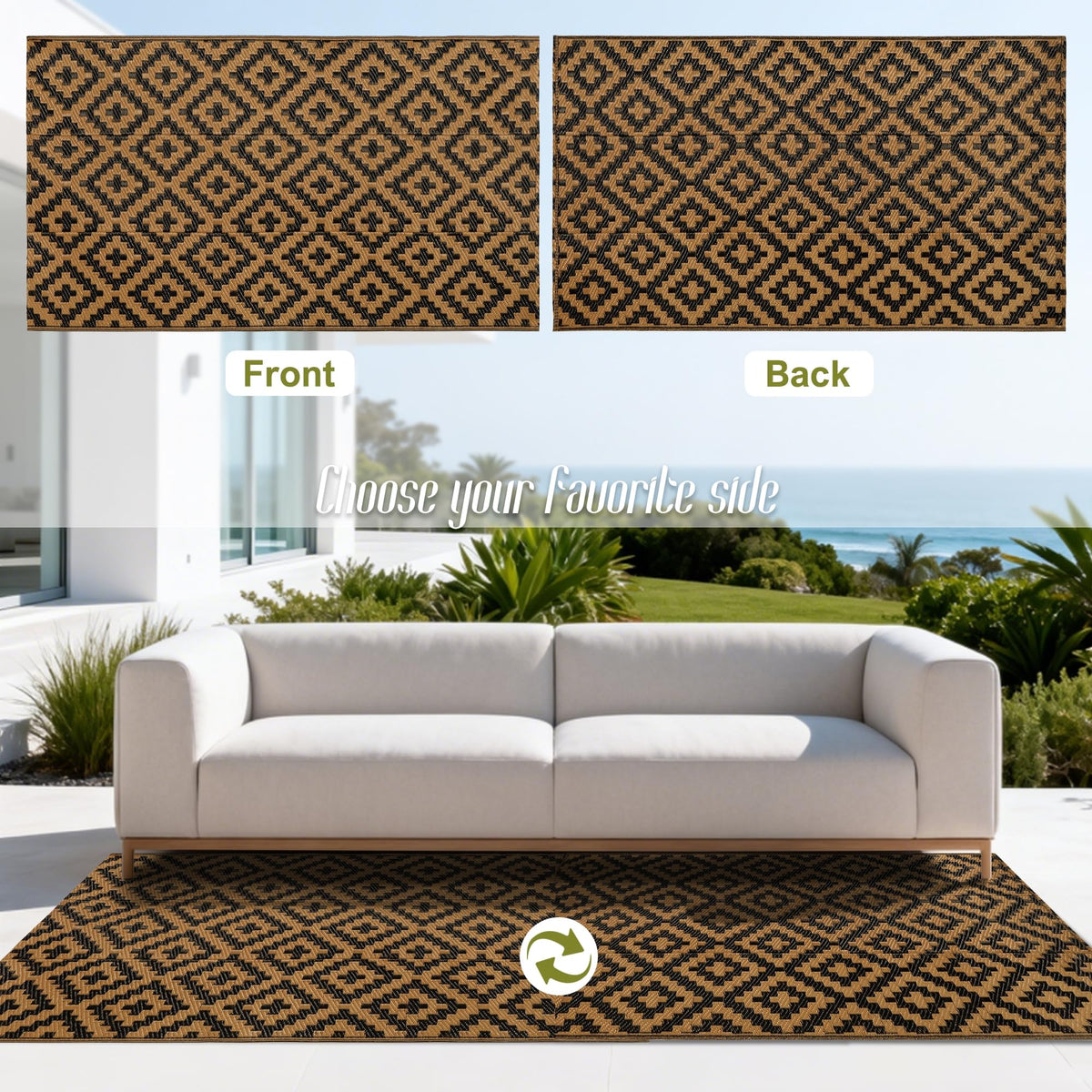 SAND MINE geometric-pattern rug, deck-friendly and quick to clean after gatherings.
