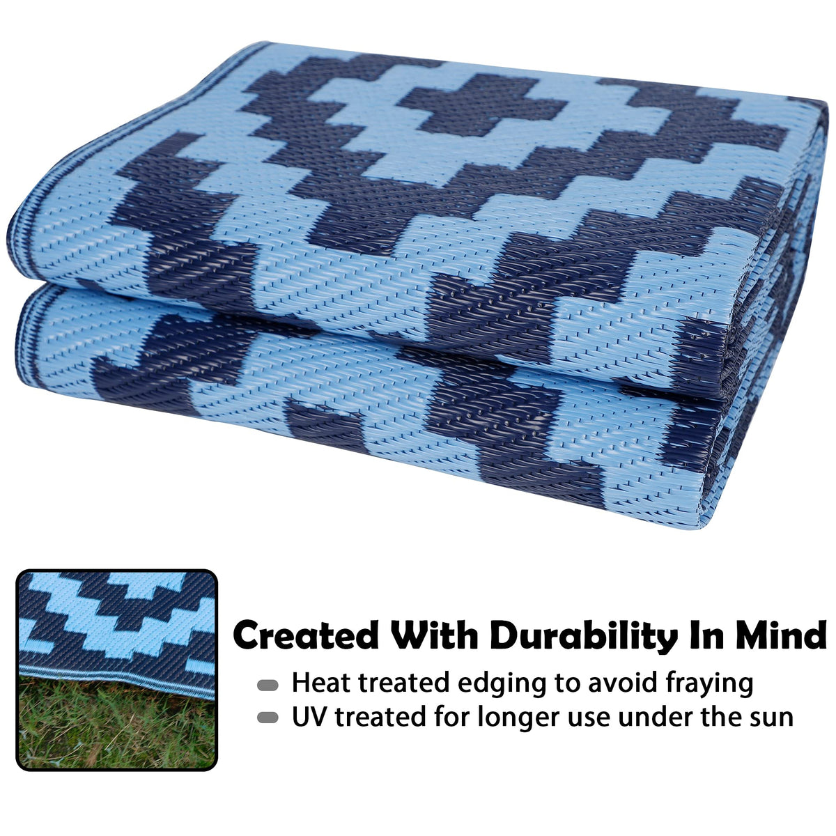 SAND MINE blue 5x8 rug for decks, resists fading and lies flat.
