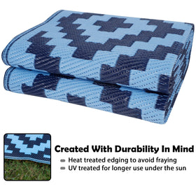 SAND MINE blue 5x8 rug for decks, resists fading and lies flat.
