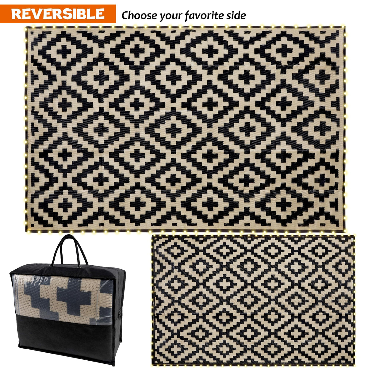 SAND MINE plastic straw rug with weatherproof lighting suits beach or deck setups.