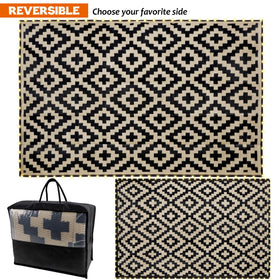 SAND MINE plastic straw rug with weatherproof lighting suits beach or deck setups.