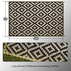 SAND MINE plastic straw rug being rinsed for easy cleaning.