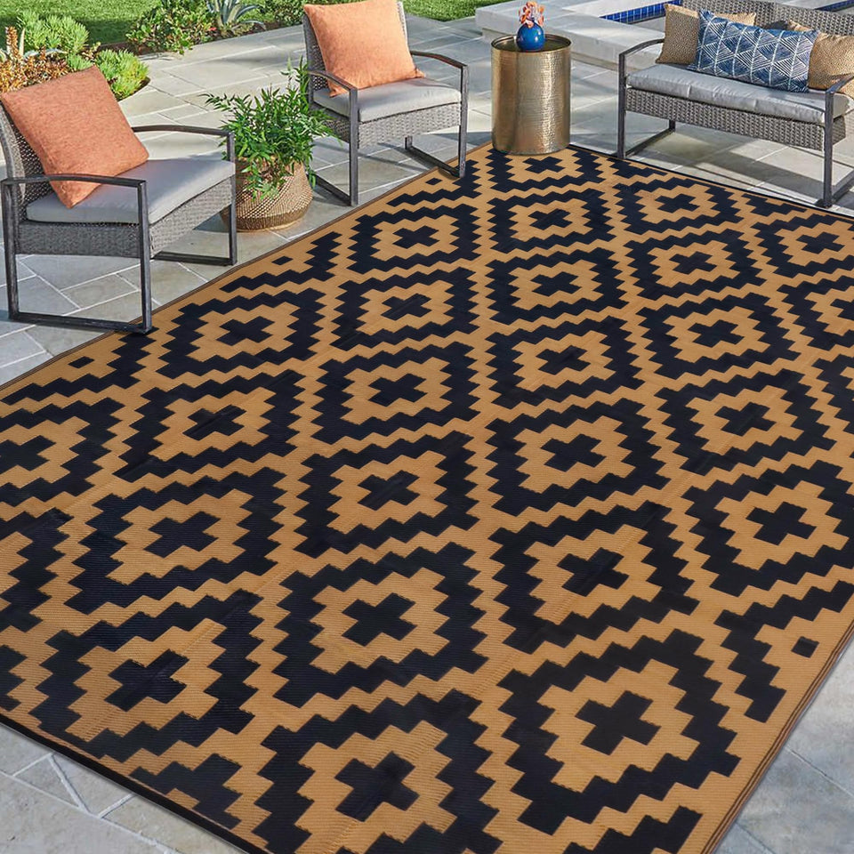 SAND MINE reversible mats 9x12 outdoor rug in brown and black for patio use.