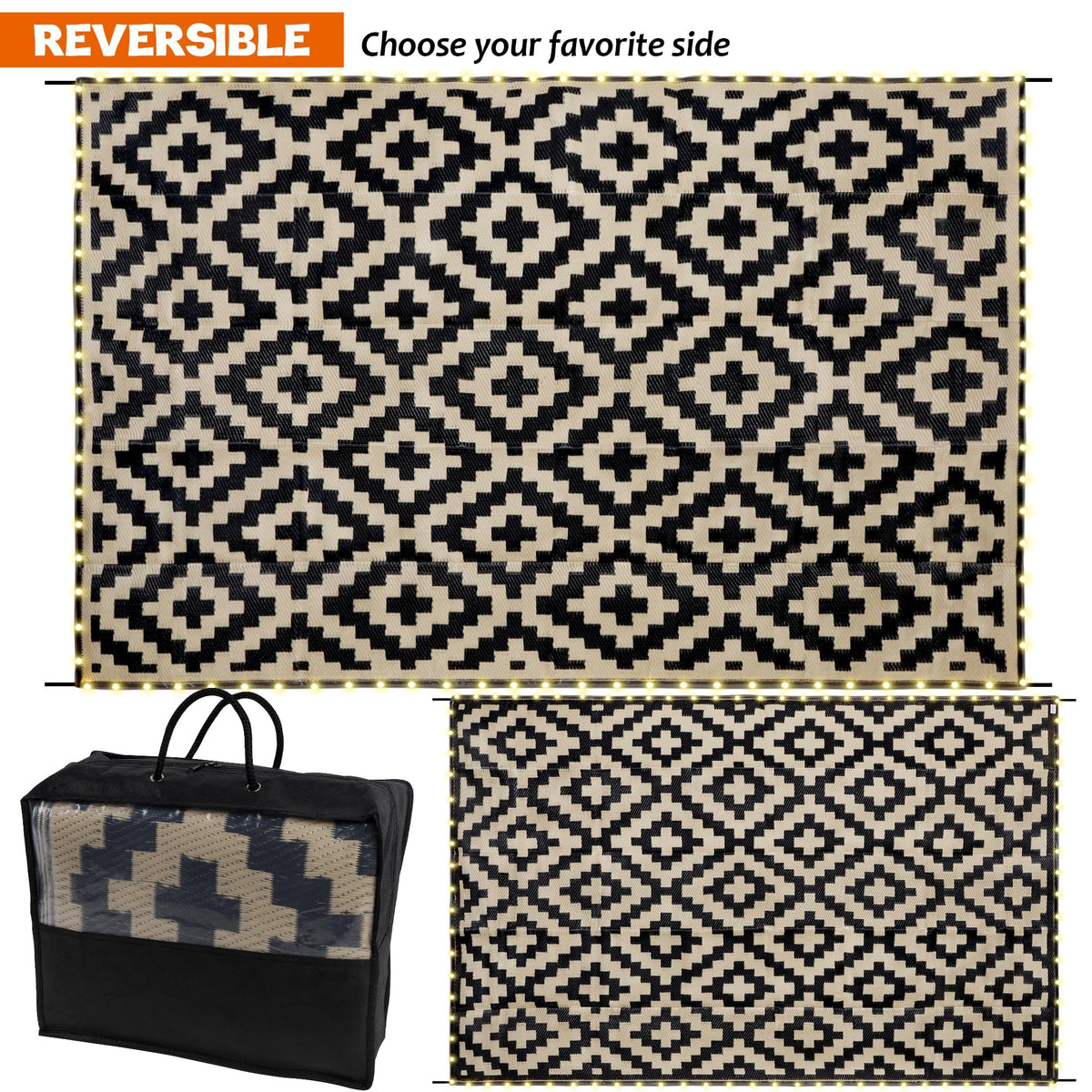 SAND MINE black and beige plastic straw rug on a patio.