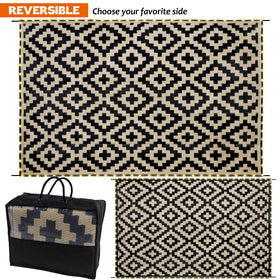 SAND MINE black and beige plastic straw rug on a patio.