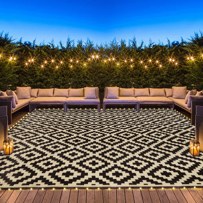 SAND MINE reversible mats with LED strip for patios, creating warm patio ambience after sunset