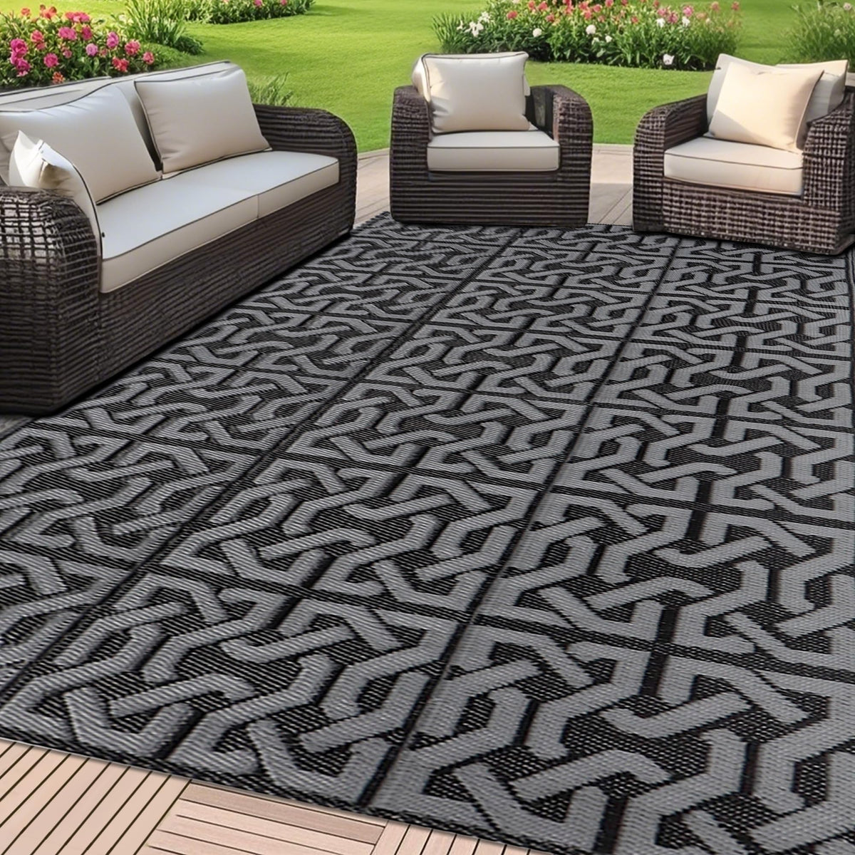 SAND MINE reversible mats outdoors 9x18 black and grey rug, durable and easy to clean.