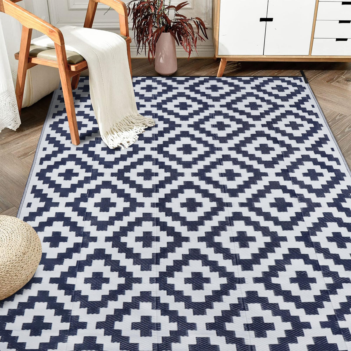 SAND MINE reversible mat on patio in dark blue and white for outdoor ambiance
