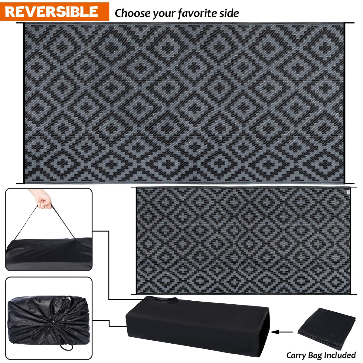 SAND MINE reversible outdoor rug side-a shows dual design options.