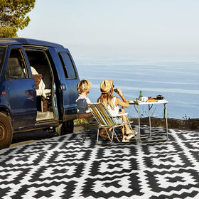 SAND MINE UV-stabilized outdoor rug resists sun fading during outdoor use.