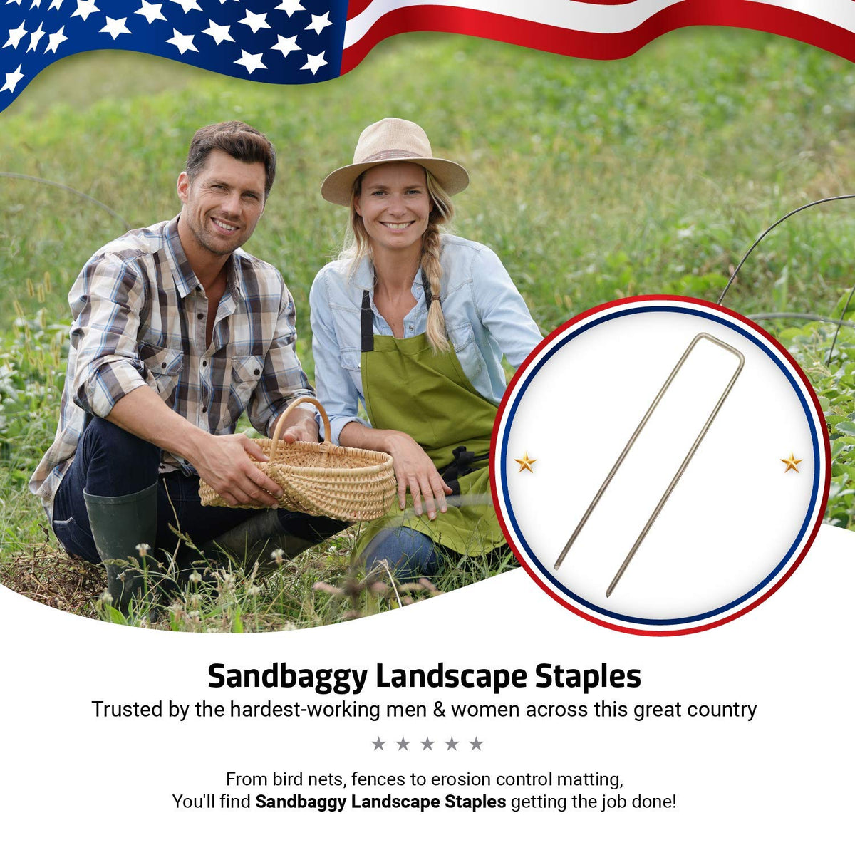 Sandbaggy 11-gauge landscape staples provide strong ground anchoring.