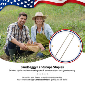 Sandbaggy 11-gauge landscape staples provide strong ground anchoring.