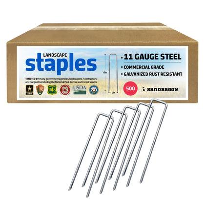 Sandbaggy 500-count 6-inch galvanized landscape staples securing outdoor fabric.