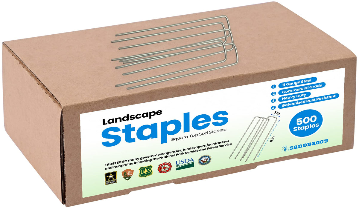 Sandbaggy 500-count pack organized as 100-staple bags for easy handling.
