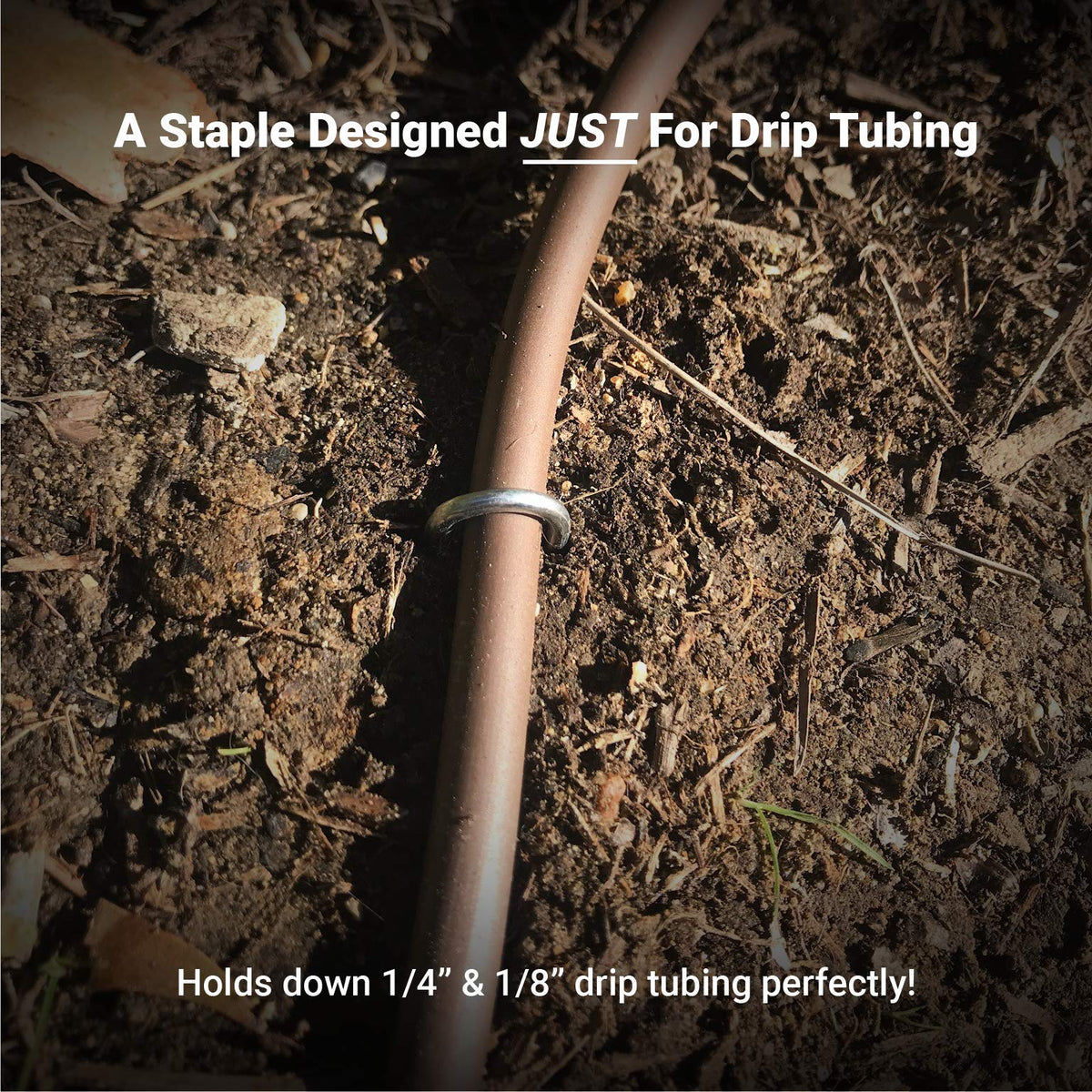 Sandbaggy drip-tubing-stake-single-prong-design simplifies soil insertion.