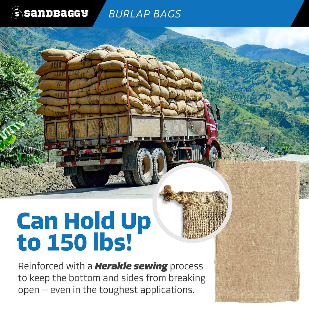 Sandbaggy burlap packaging for safe storage of grains, beans, and produce.