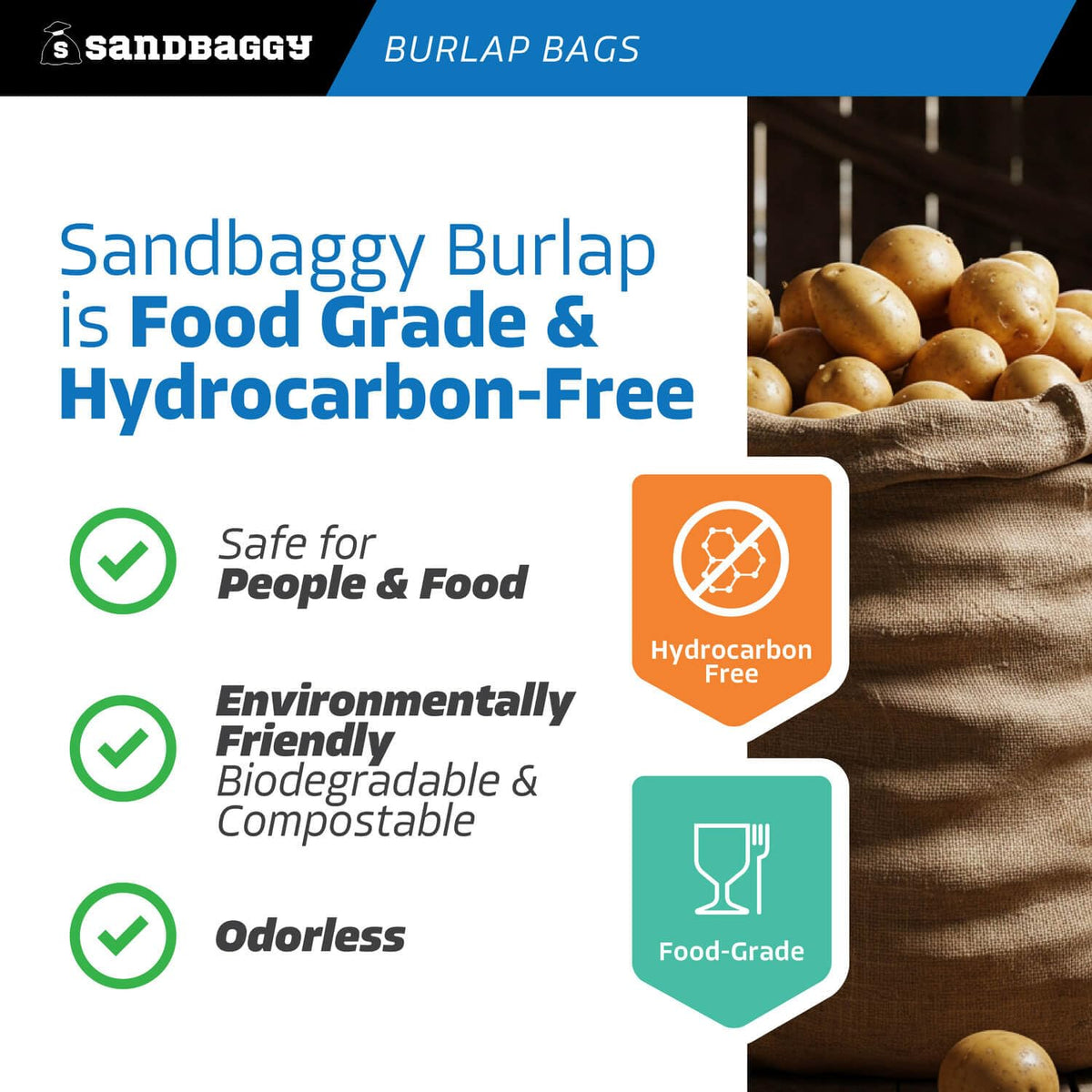 Sandbaggy hydrocarbon-free burlap bags meet food safety standards.