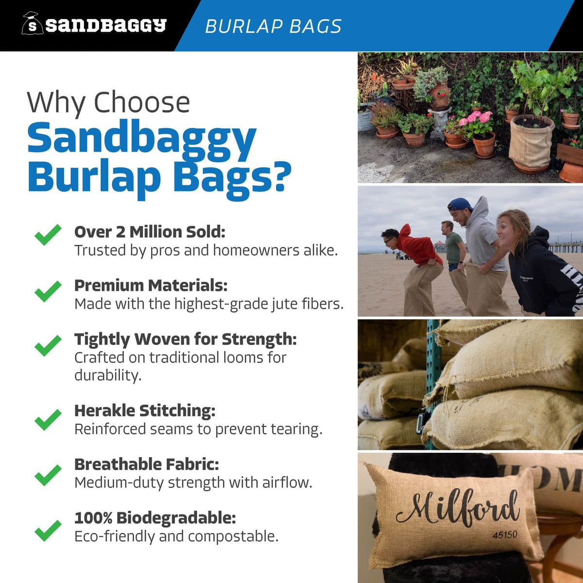 Sandbaggy reinforced sides burlap bags designed for repeated use.