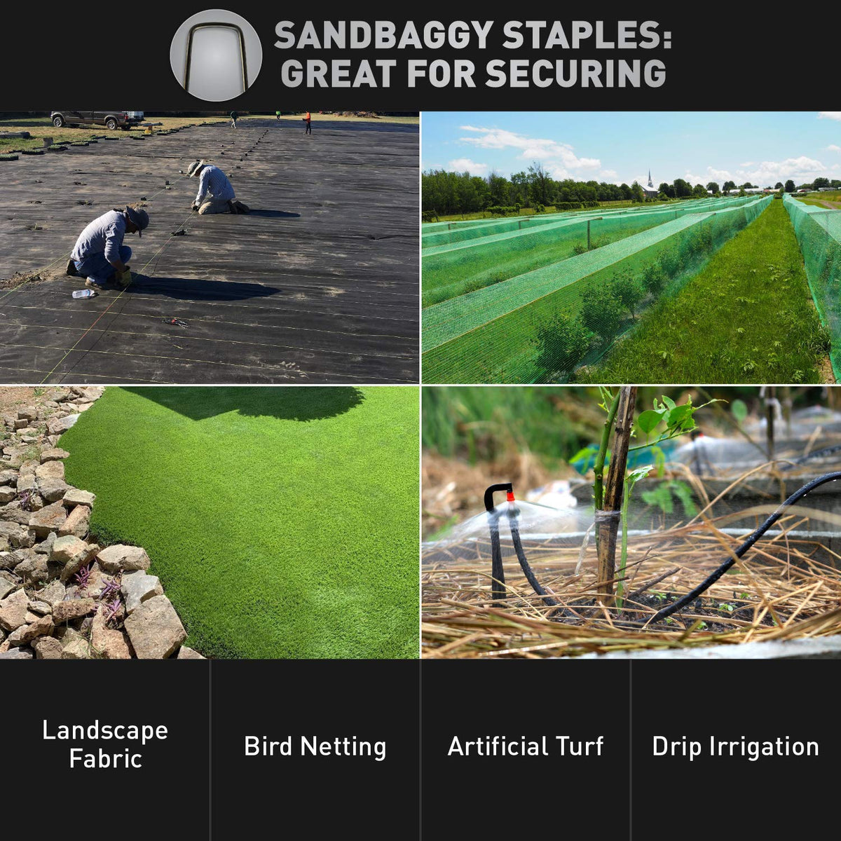 Sandbaggy staples securing weed barrier fabric in windy areas.