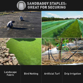 Sandbaggy staples securing weed barrier fabric in windy areas.