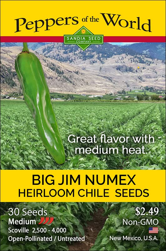 Sandia Seed Big Jim green chile seeds pack; heirloom variety for flavorful green chiles for rellenos.